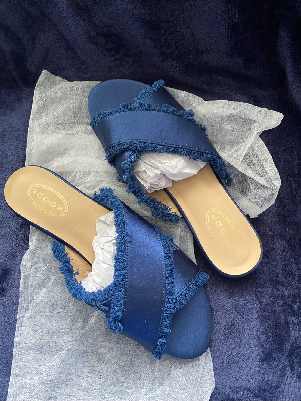 Womens Blue Frayed Slide Sandals